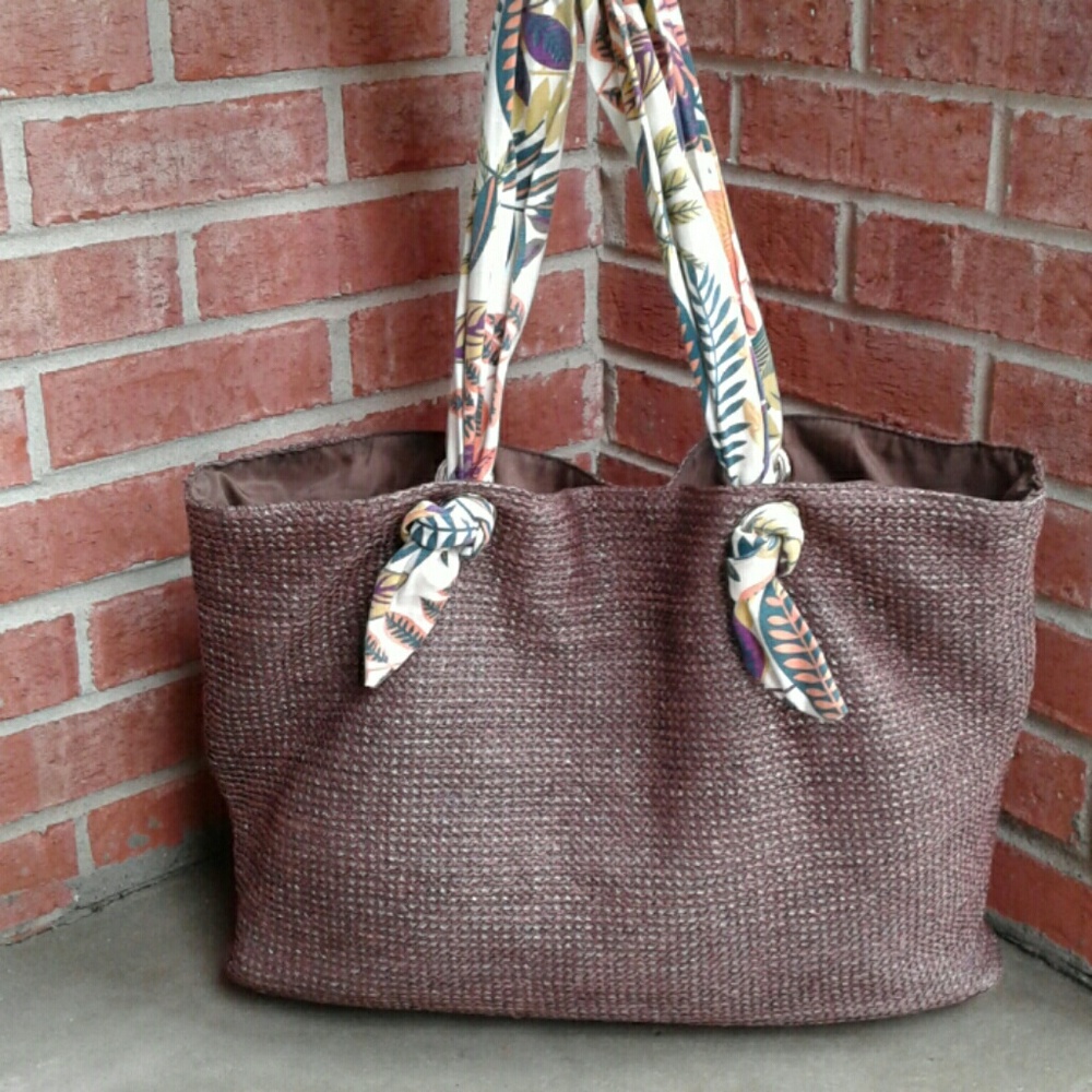 In Stitches Brown Woven/Floral Print Scarf Bag
